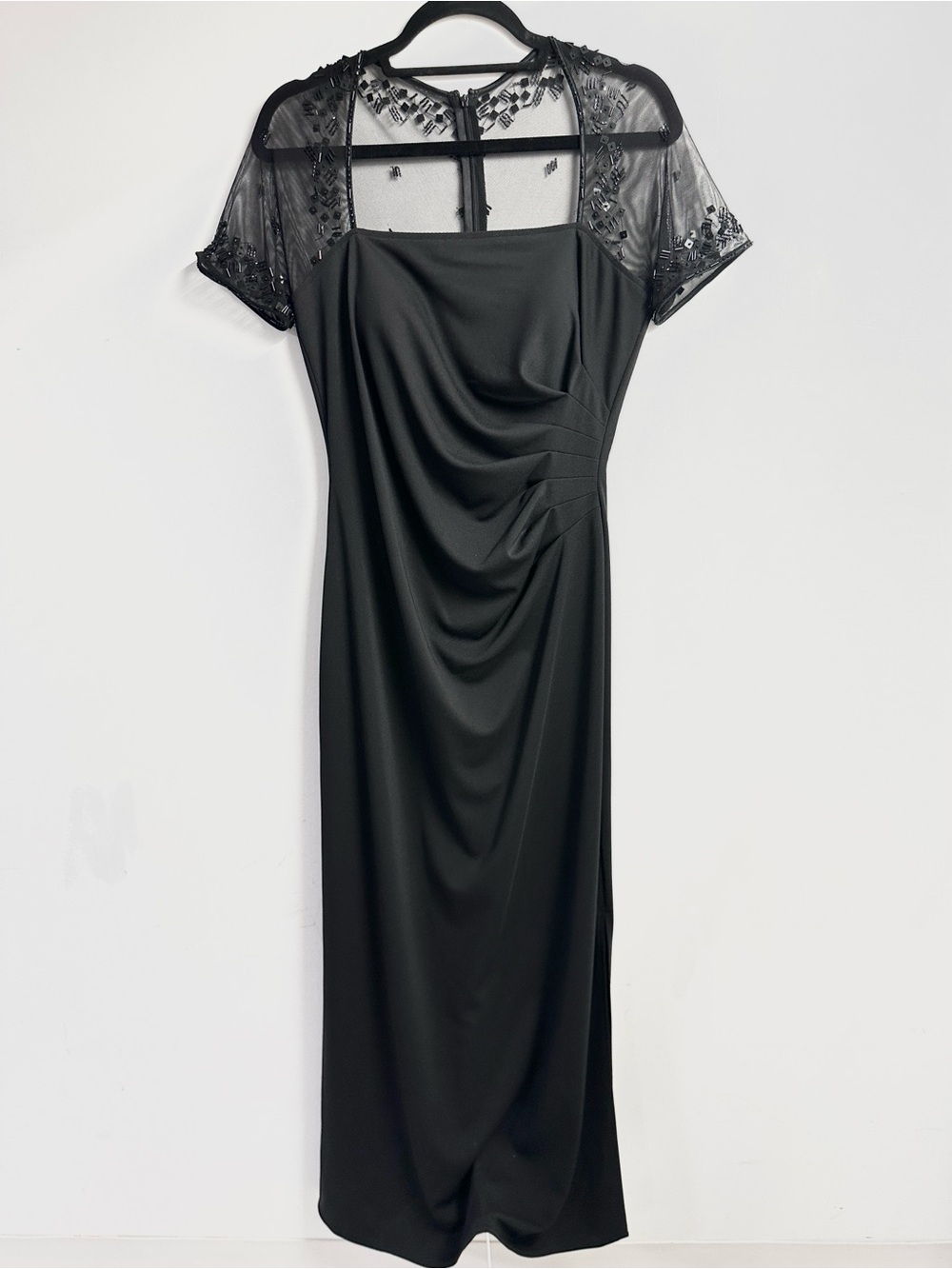 JS Boutique Black Beaded Mesh Yoke Long Dress